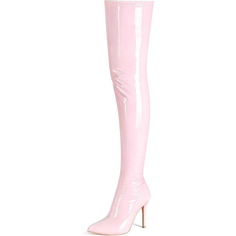Women Pink Patent pu Side Zipper Stiletto High Heel Over The Knee Comfy Boots